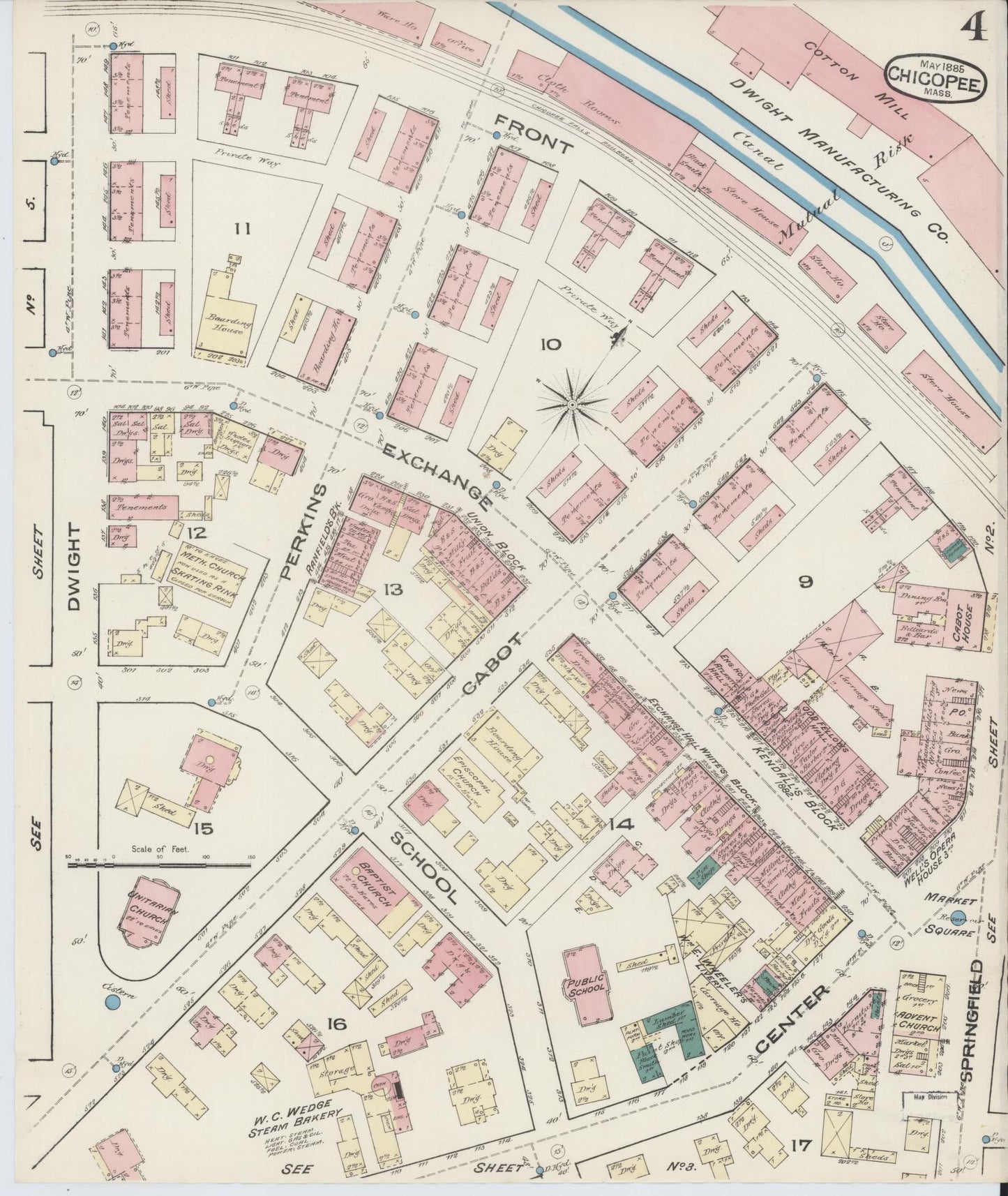 Sanborn Fire Insurance Map from Chicopee, Hampden County, Massachusetts (1885), Sheet #0004 - Historic Sanborn Fire Insurance Map Print, vintage old map wall art, antique decor, genealogy gift, Massachusetts Massachusetts map
