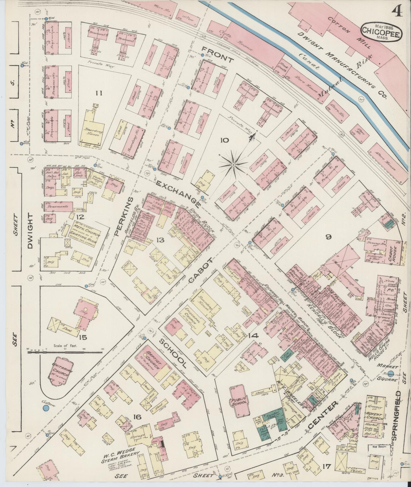 Sanborn Fire Insurance Map from Chicopee, Hampden County, Massachusetts (1885), Sheet #0004 - Historic Sanborn Fire Insurance Map Print, vintage old map wall art, antique decor, genealogy gift, Massachusetts Massachusetts map