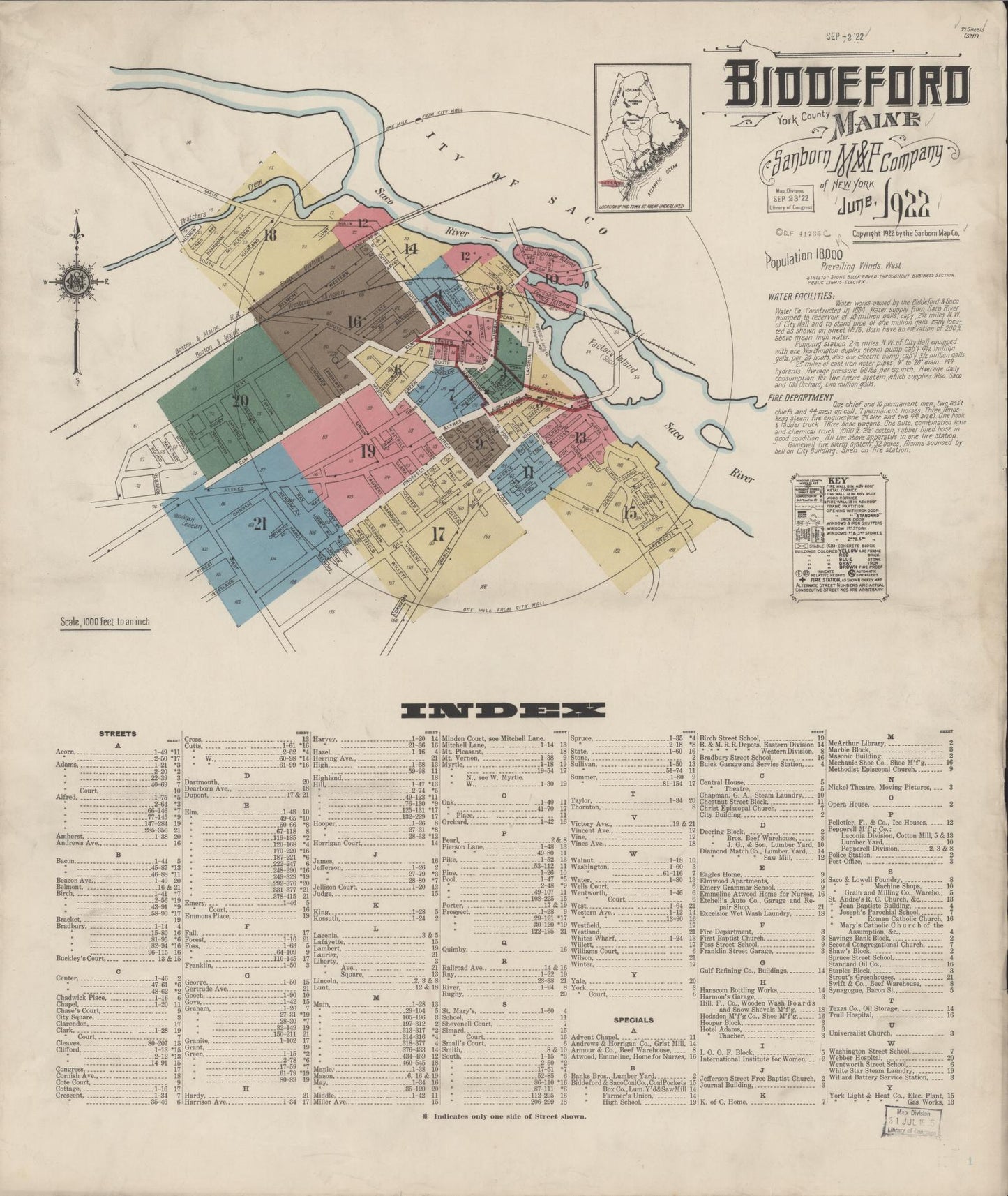 Sanborn Fire Insurance Map from Biddeford, York County, Maine (1922), Sheet #0001 - Complete Map Set gallery image, historic Sanborn map, vintage wall art, Maine Maine