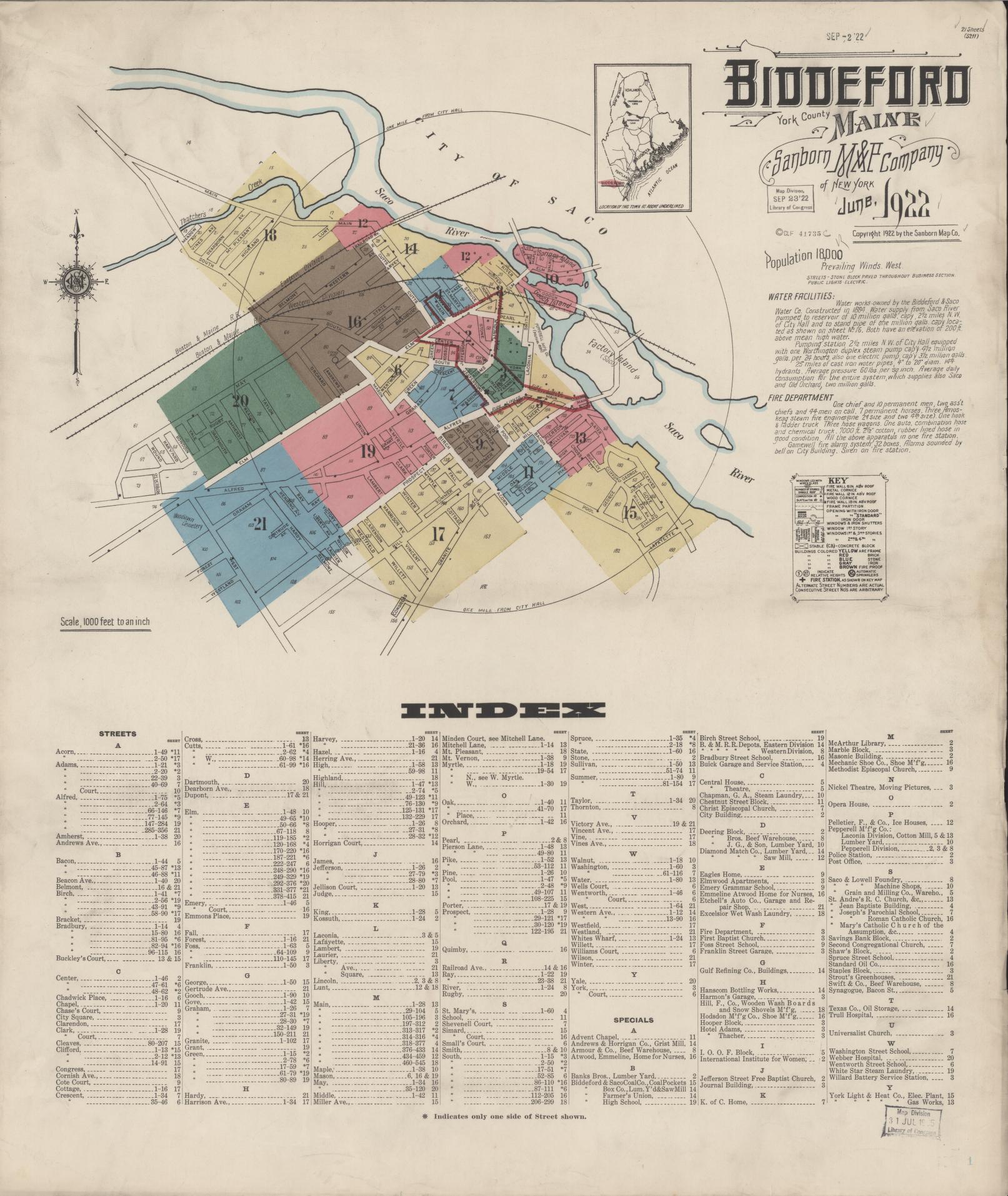 Sanborn Fire Insurance Map from Biddeford, York County, Maine (1922), Sheet #0001 - Complete Map Set gallery image, historic Sanborn map, vintage wall art, Maine Maine