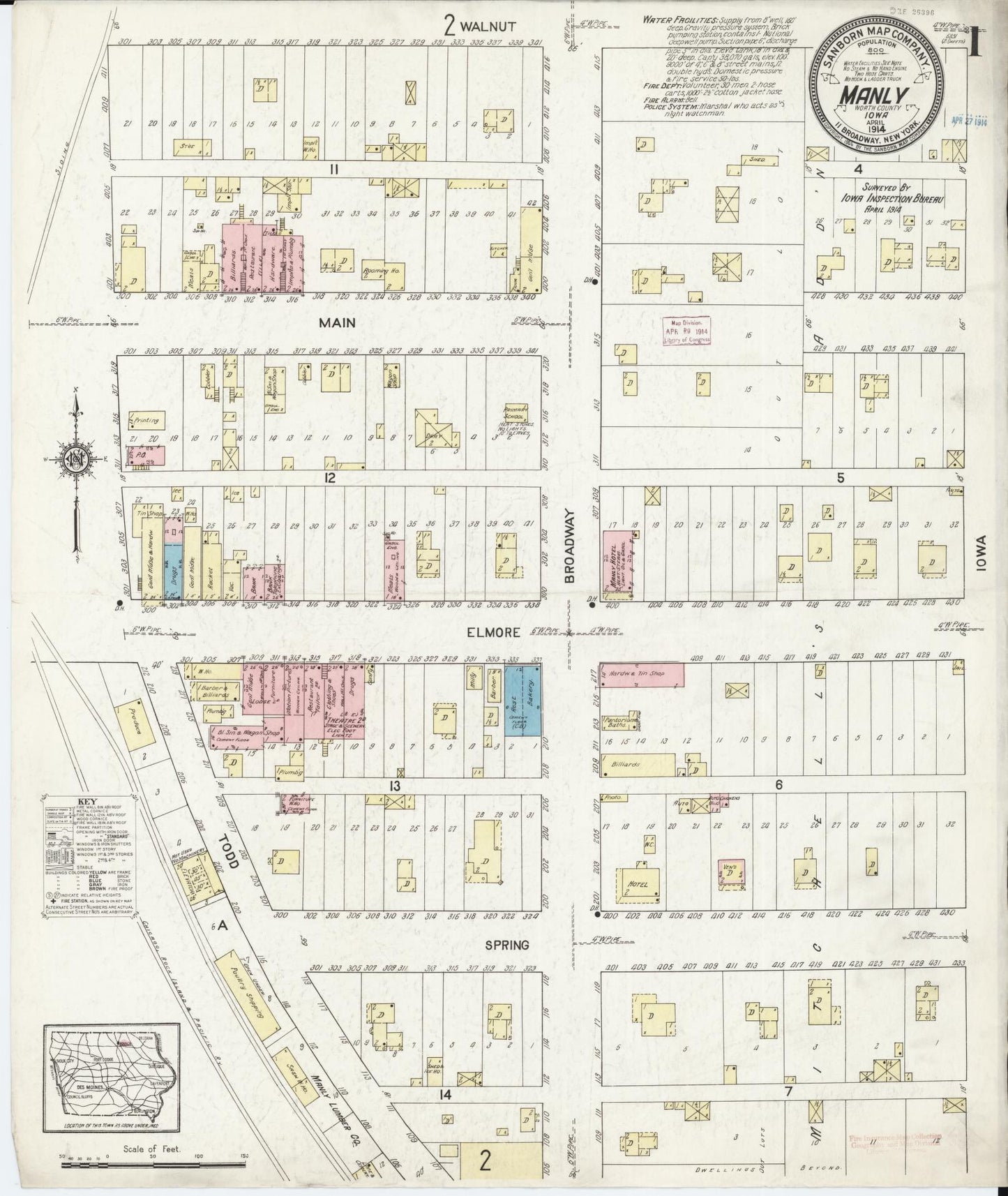 Sanborn Fire Insurance Map from Manly, Worth County, Iowa (1914), Sheet #0001 - Historic Sanborn Fire Insurance Map Print