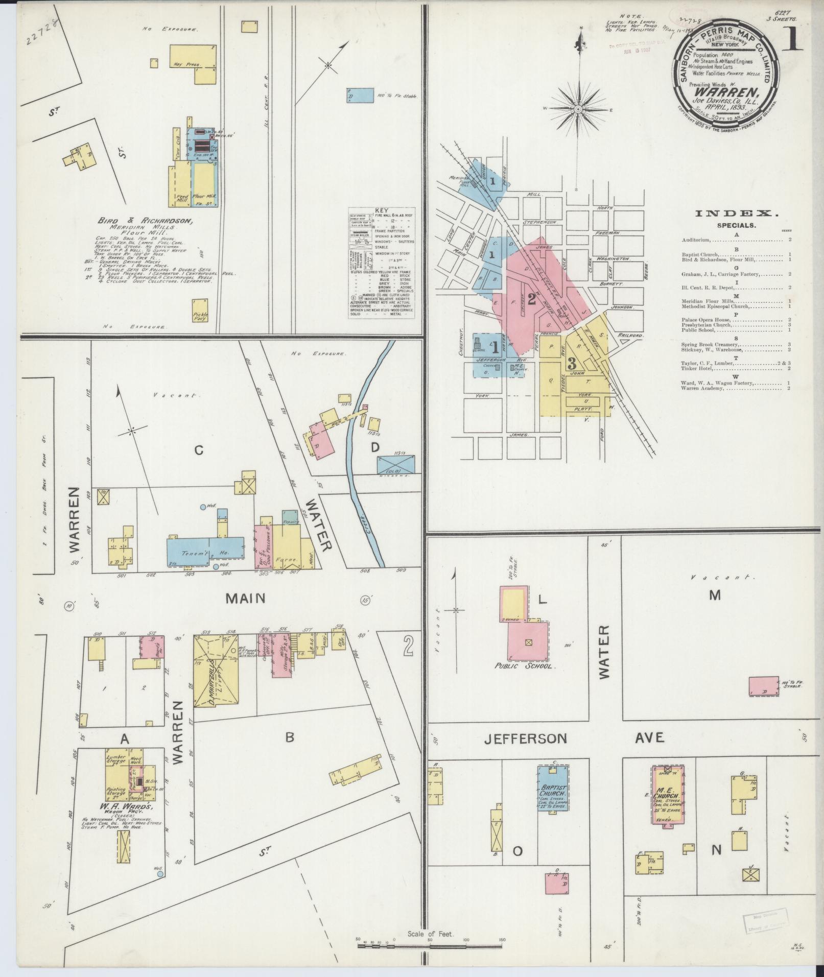 Sanborn Fire Insurance Map from Warren, Jo Daviess County, Illinois (1893), Sheet #0001 - Historic Sanborn Fire Insurance Map Print, vintage old map wall art, antique decor, genealogy gift, Illinois Illinois map