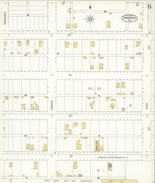 Sanborn Fire Insurance Map from Bremerton, Kitsap County, Washington (1904), Sheet #0006 - Historic Sanborn Fire Insurance Map Print, vintage old map wall art, antique decor, genealogy gift, Washington Washington map