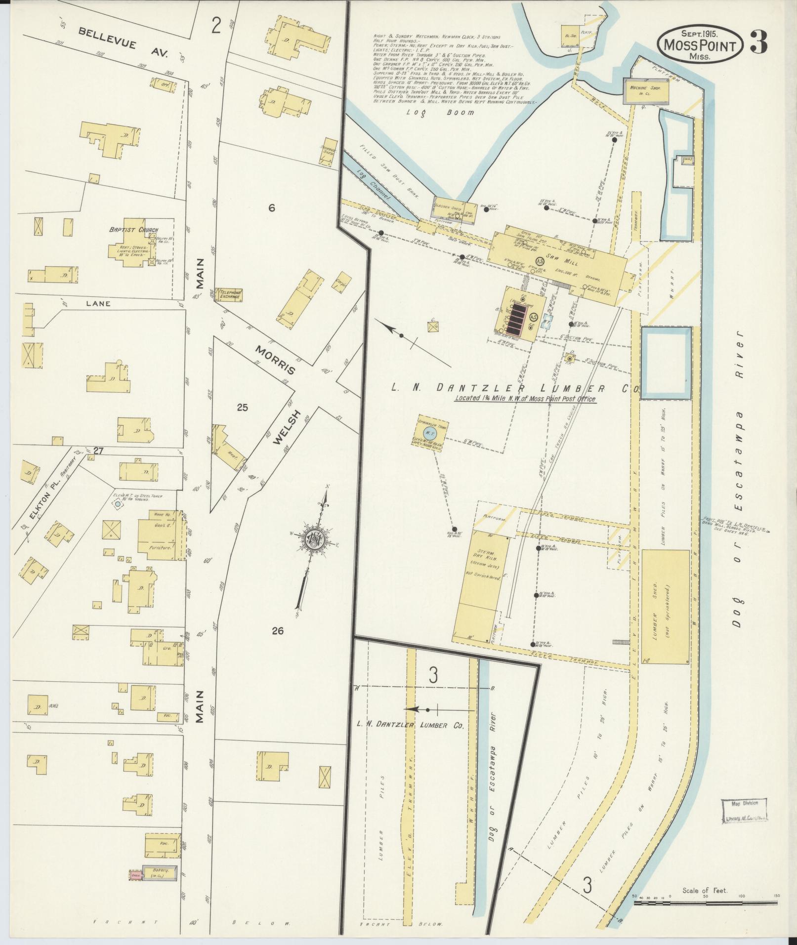 Sanborn Fire Insurance Map from Moss Point, Jackson County, Mississippi (1915), Sheet #0003 - Complete Map Set gallery image, historic Sanborn map, vintage wall art, Mississippi Mississippi