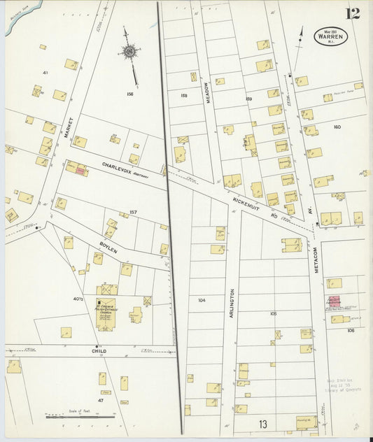 Sanborn Fire Insurance Map from Warren, Bristol County, Rhode Island (1911), Sheet #0012 - Historic Sanborn Fire Insurance Map Print, vintage old map wall art, antique decor, genealogy gift, Rhode Island Rhode Island map