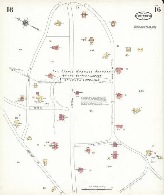 Sanborn Fire Insurance Map from Greenwood, Greenwood County, South Carolina (1923), Sheet #0016 - Historic Sanborn Fire Insurance Map Print, vintage old map wall art, antique decor, genealogy gift, South Carolina South Carolina map