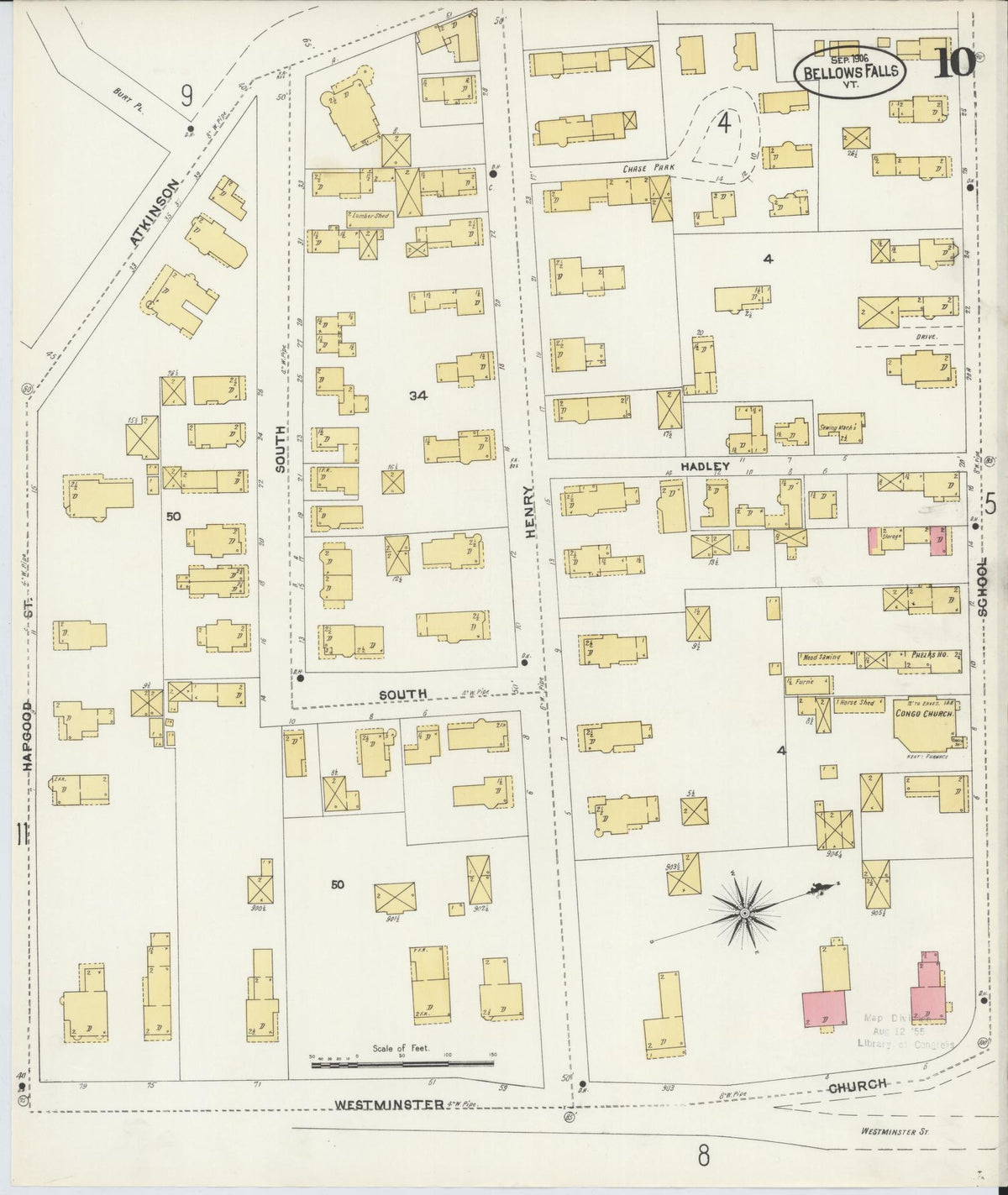 Sanborn Fire Insurance Map from Bellows Falls, Windham County, Vermont (1906), Sheet #0010 - Historic Sanborn Fire Insurance Map Print, vintage old map wall art, antique decor, genealogy gift, Vermont Vermont map