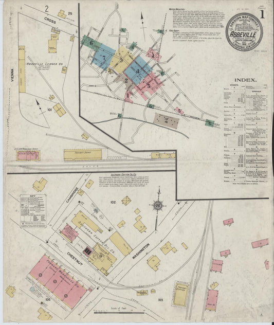 Sanborn Fire Insurance Map from Abbeville, Abbeville County, South Carolina (1912), Sheet #0001 - Complete Map Set gallery image, historic Sanborn map, vintage wall art, South Carolina South Carolina
