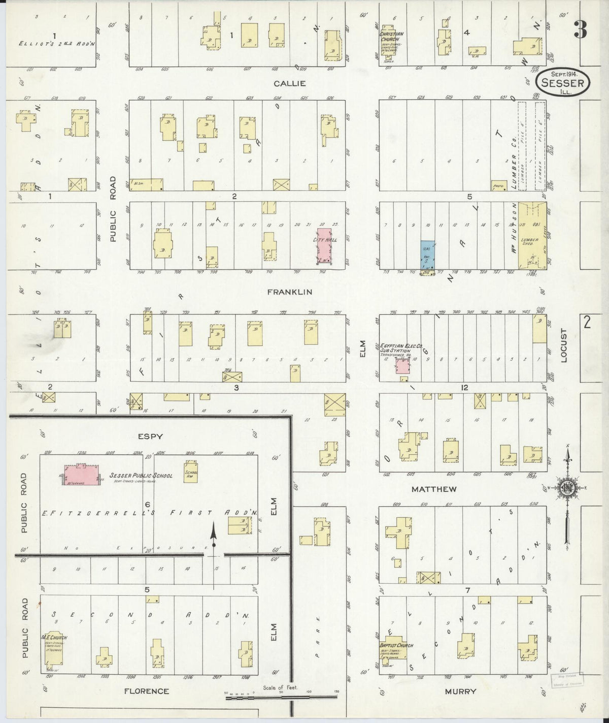 Sanborn Fire Insurance Map from Sesser, Franklin County, Illinois (1914), Sheet #0003 - Historic Sanborn Fire Insurance Map Print, vintage old map wall art, antique decor, genealogy gift, Illinois Illinois map