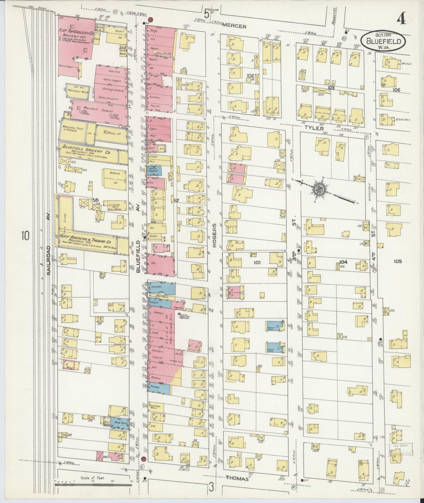 Sanborn Fire Insurance Map from Bluefield, Mercer County, West Virginia (1910), Sheet #0004 - Complete Map Set gallery image, historic Sanborn map, vintage wall art, West Virginia West Virginia