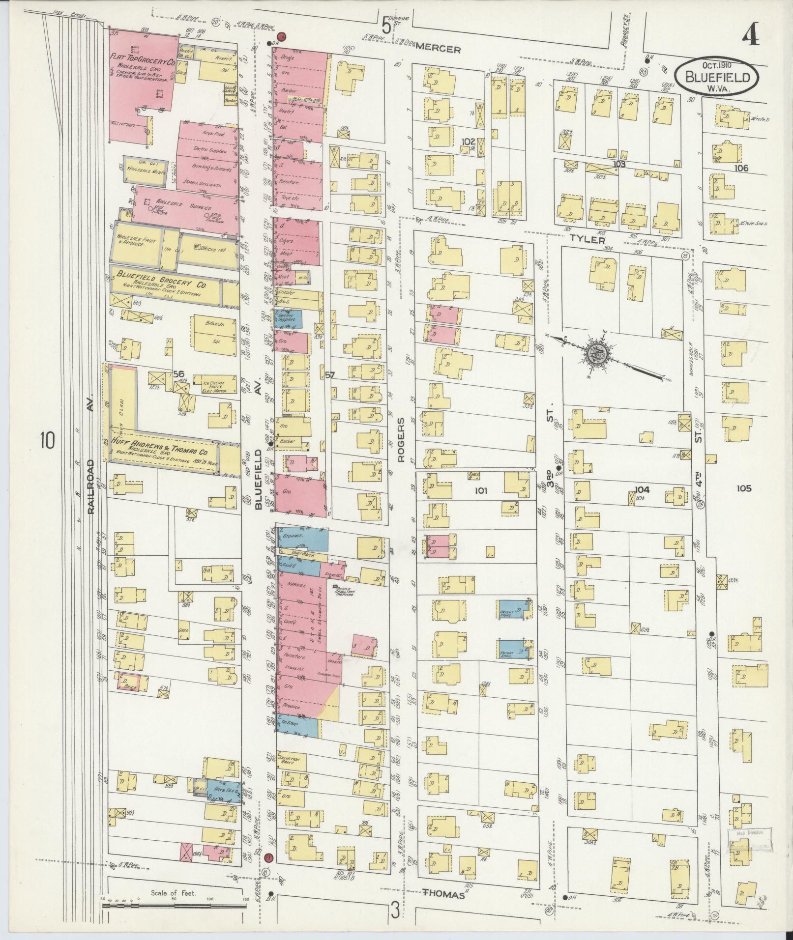 Sanborn Fire Insurance Map from Bluefield, Mercer County, West Virginia (1910), Sheet #0004 - Complete Map Set gallery image, historic Sanborn map, vintage wall art, West Virginia West Virginia