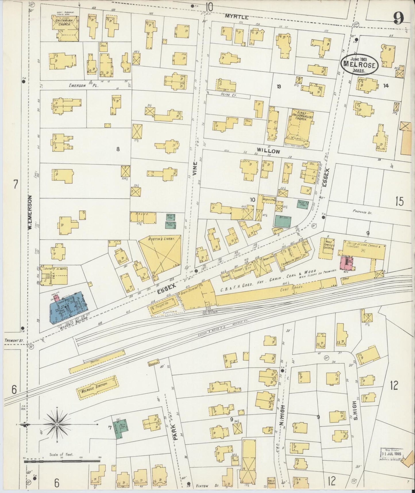Sanborn Fire Insurance Map from Melrose, Middlesex County, Massachusetts (1903), Sheet #0009 - Complete Map Set gallery image, historic Sanborn map, vintage wall art, Massachusetts Massachusetts