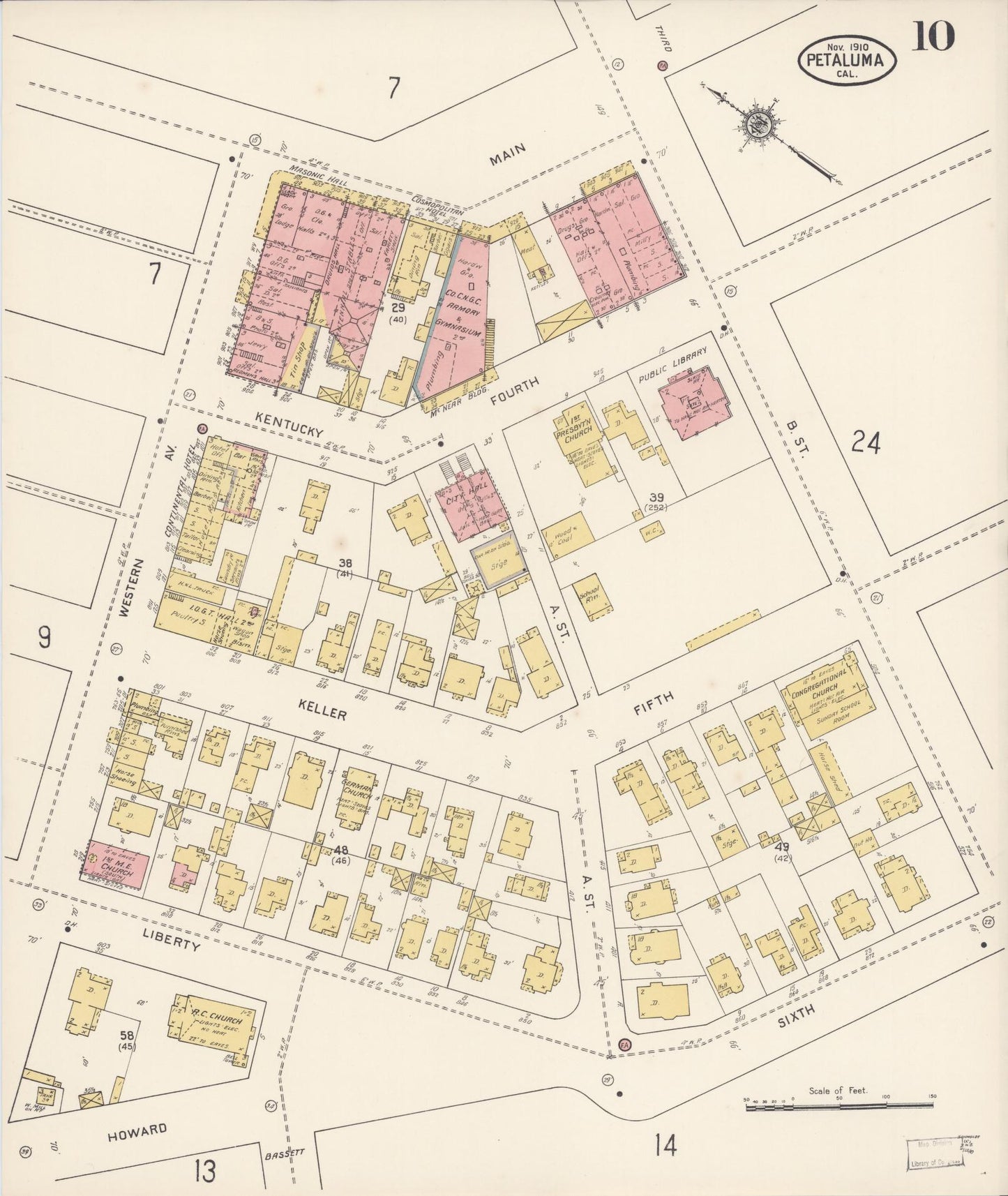 Sanborn Fire Insurance Map from Petaluma, Sonoma County, California (1910), Sheet #0010 - Complete Map Set gallery image, historic Sanborn map, vintage wall art, California California