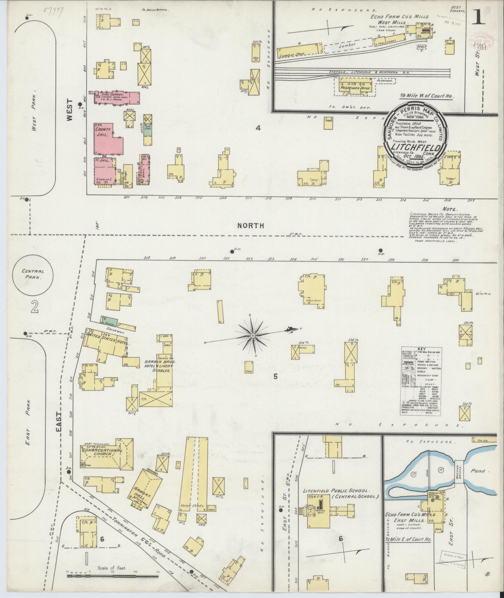 Sanborn Fire Insurance Map from Litchfield, Litchfield County, Connecticut (1895), Sheet #0001 - Complete Map Set gallery image, historic Sanborn map, vintage wall art, Connecticut Connecticut