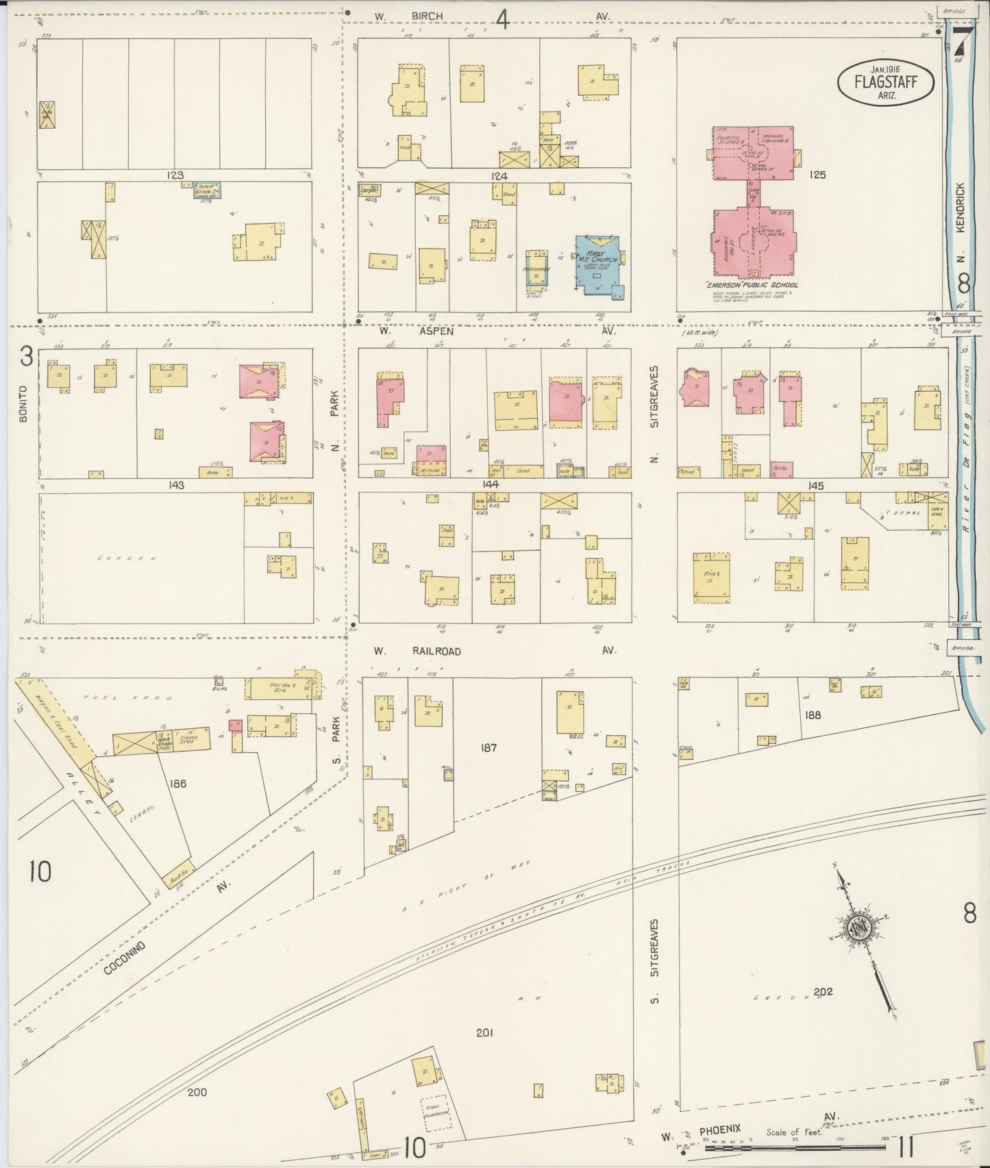 Sanborn Fire Insurance Map from Flagstaff, Coconino County, Arizona (1916), Sheet #0007 - Historic Sanborn Fire Insurance Map Print, vintage old map wall art, antique decor, genealogy gift, Arizona Arizona map