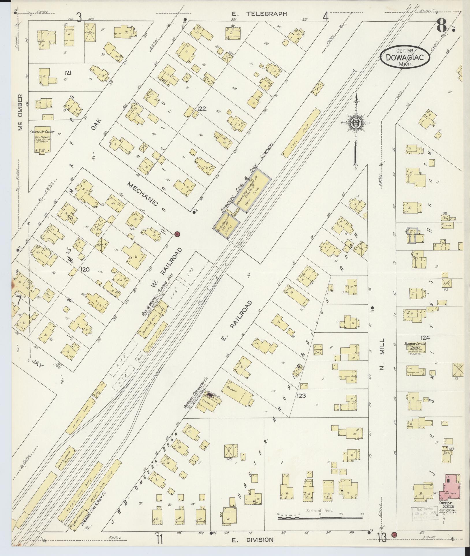 Sanborn Fire Insurance Map from Dowagiac, Cass County, Michigan (1913), Sheet #0008 - Historic Sanborn Fire Insurance Map Print, vintage old map wall art, antique decor, genealogy gift, Michigan Michigan map