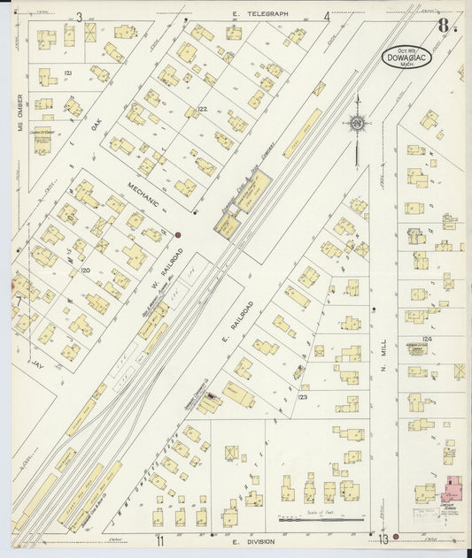 Sanborn Fire Insurance Map from Dowagiac, Cass County, Michigan (1913), Sheet #0008 - Historic Sanborn Fire Insurance Map Print, vintage old map wall art, antique decor, genealogy gift, Michigan Michigan map