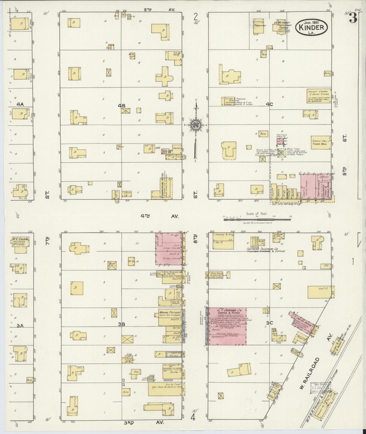 Sanborn Fire Insurance Map from Kinder, Allen Parish, Louisiana (1921), Sheet #0003 - Complete Map Set gallery image, historic Sanborn map, vintage wall art, Louisiana Louisiana