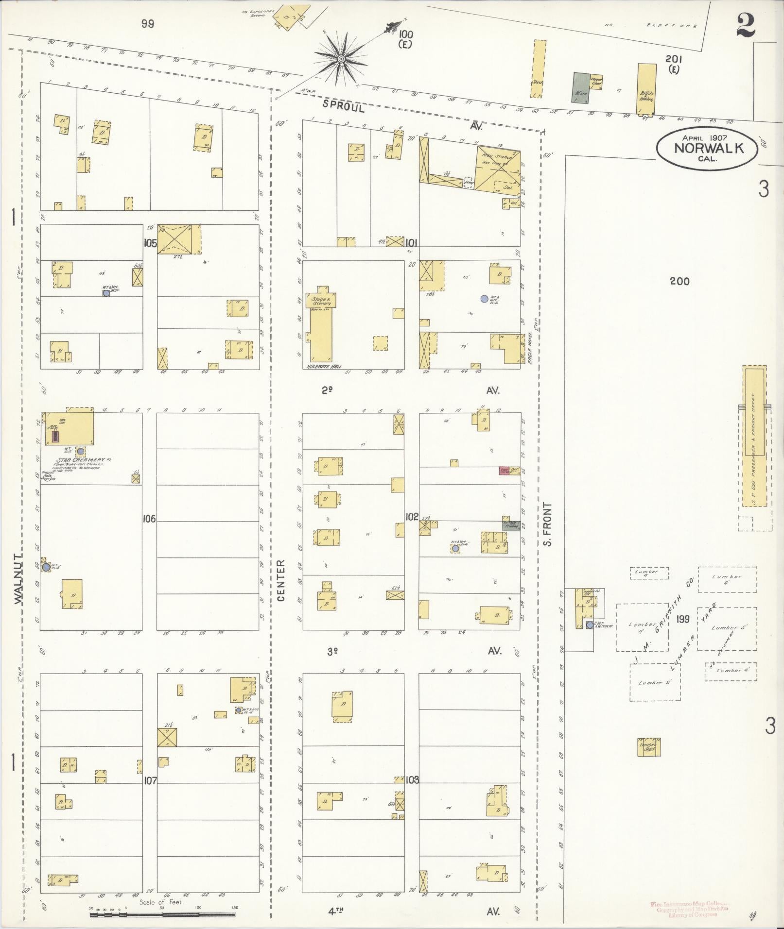 Sanborn Fire Insurance Map from Norwalk, Los Angeles County, California (1907), Sheet #0002 - Complete Map Set gallery image, historic Sanborn map, vintage wall art, California California