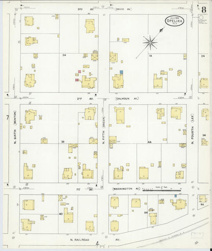 Sanborn Fire Insurance Map from Opelika, Lee County, Alabama (1909), Sheet #0008 - Complete Map Set gallery image, historic Sanborn map, vintage wall art, Alabama Alabama