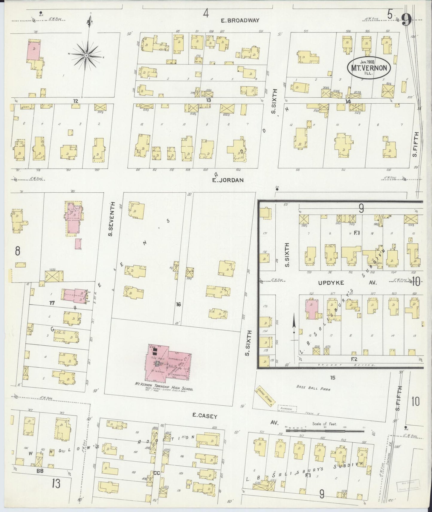 Sanborn Fire Insurance Map from Mount Vernon, Jefferson County, Illinois (1908), Sheet #0009 - Complete Map Set gallery image, historic Sanborn map, vintage wall art, Illinois Illinois