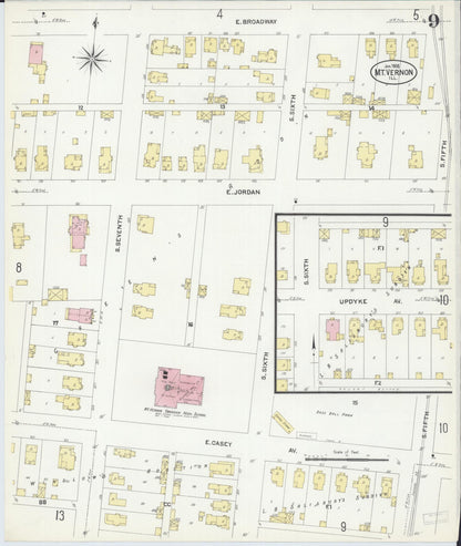 Sanborn Fire Insurance Map from Mount Vernon, Jefferson County, Illinois (1908), Sheet #0009 - Complete Map Set gallery image, historic Sanborn map, vintage wall art, Illinois Illinois