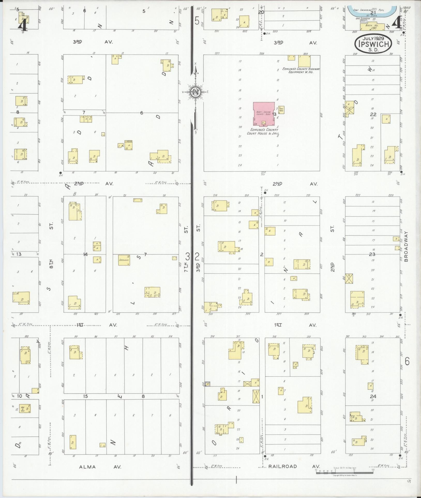 Sanborn Fire Insurance Map from Ipswich, Edmunds County, South Dakota (1929), Sheet #0004 - Historic Sanborn Fire Insurance Map Print, vintage old map wall art, antique decor, genealogy gift, South Dakota South Dakota map
