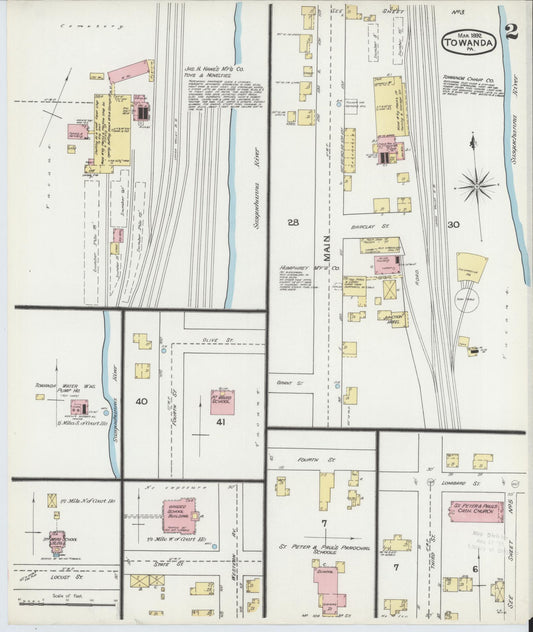 Sanborn Fire Insurance Map from Towanda, Bradford County, Pennsylvania (1892), Sheet #0002 - Historic Sanborn Fire Insurance Map Print, vintage old map wall art, antique decor, genealogy gift, Pennsylvania Pennsylvania map
