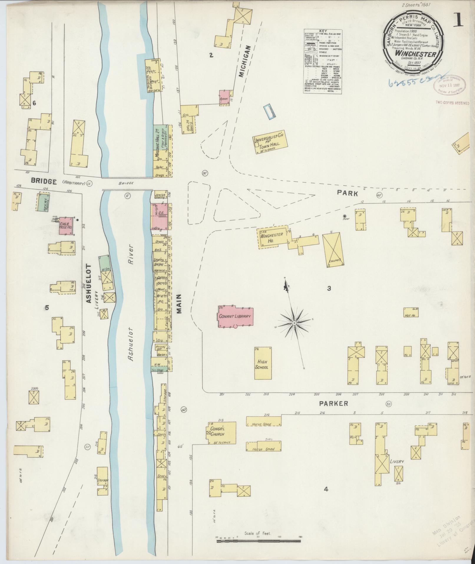 Sanborn Fire Insurance Map from Winchester, Cheshire County, New Hampshire (1897), Sheet #0001 - Complete Map Set gallery image, historic Sanborn map, vintage wall art, New Hampshire New Hampshire