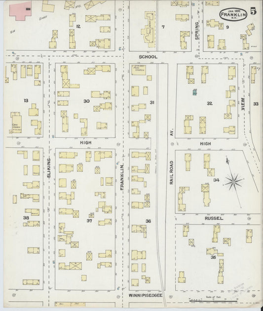 Sanborn Fire Insurance Map from Franklin, Merrimack County, New Hampshire (1892), Sheet #0005 - Historic Sanborn Fire Insurance Map Print, vintage old map wall art, antique decor, genealogy gift, New Hampshire New Hampshire map