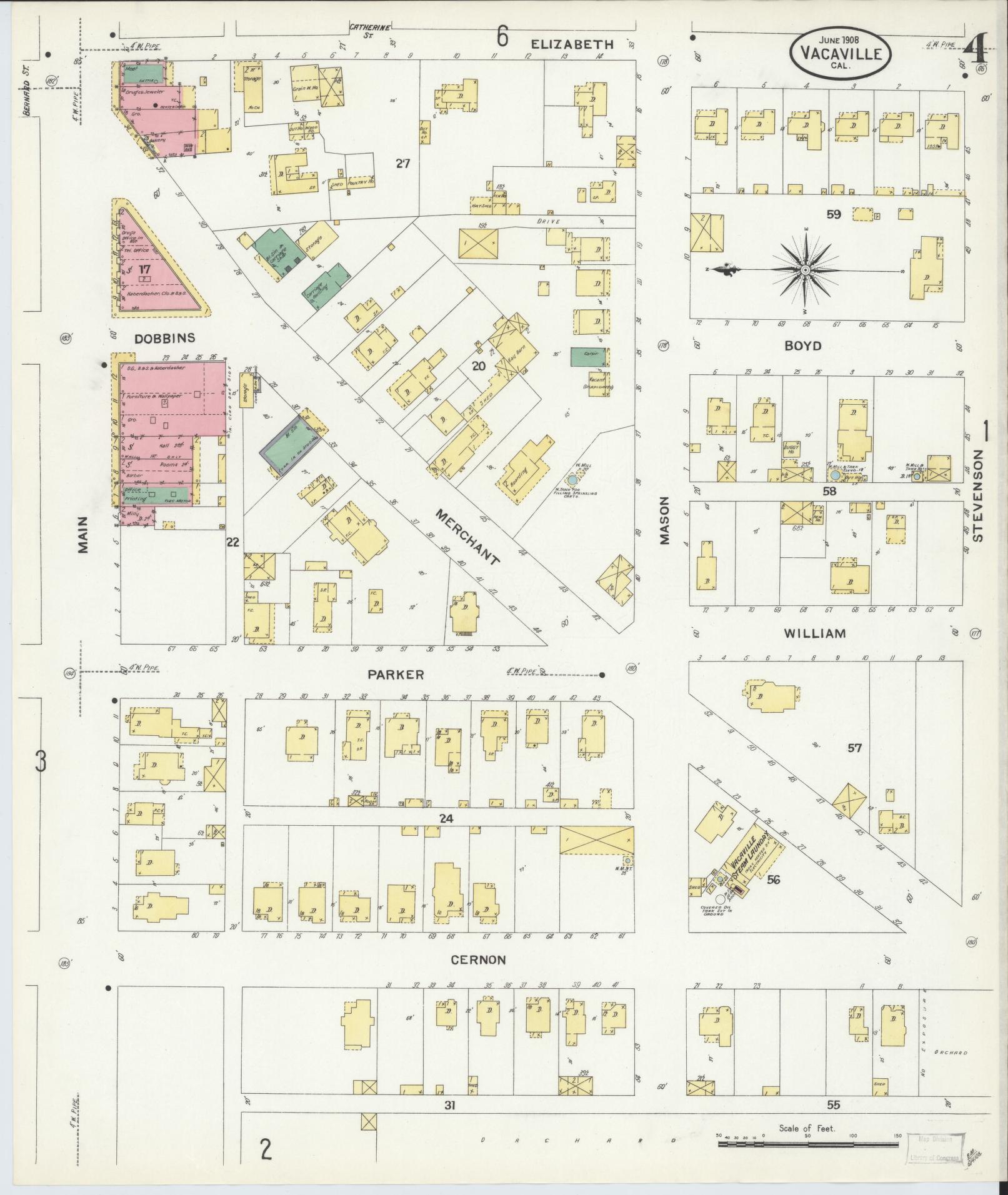 Sanborn Fire Insurance Map from Vacaville, Solano County, California (1908), Sheet #0004 - Complete Map Set gallery image, historic Sanborn map, vintage wall art, California California
