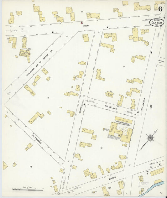 Sanborn Fire Insurance Map from Dexter, Penobscot County, Maine (1911), Sheet #0008 - Historic Sanborn Fire Insurance Map Print, vintage old map wall art, antique decor, genealogy gift, Maine Maine map