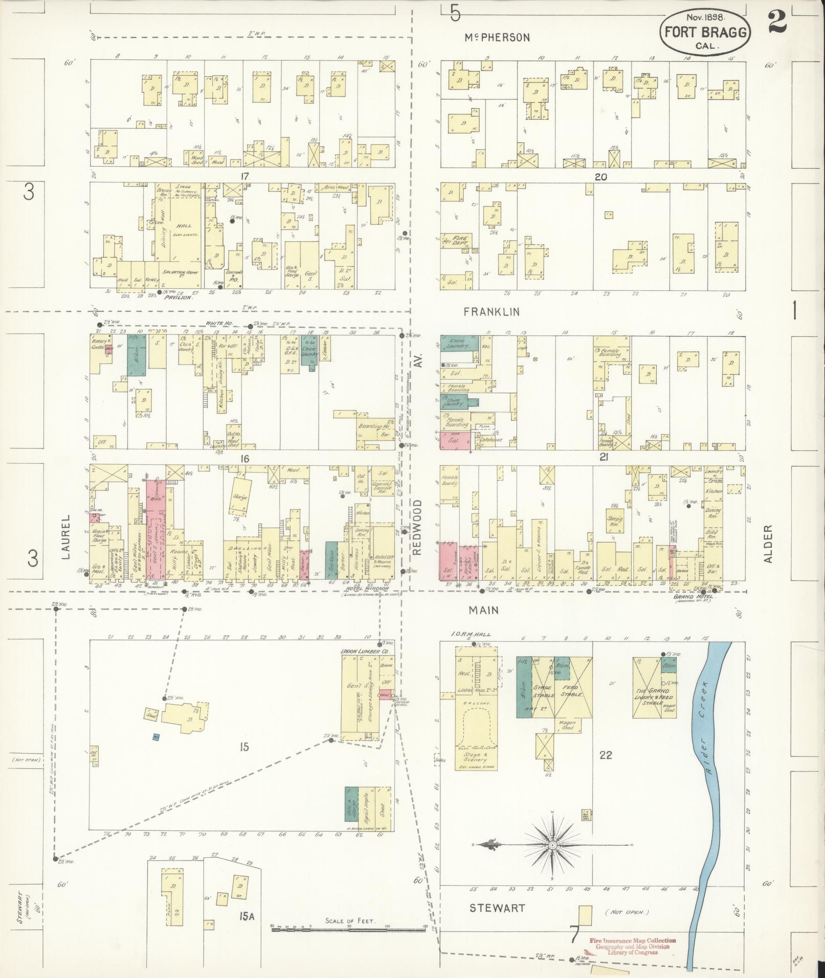 Sanborn Fire Insurance Map from Fort Bragg, Mendocino County, California (1898), Sheet #0002 - Historic Sanborn Fire Insurance Map Print, vintage old map wall art, antique decor, genealogy gift, California California map