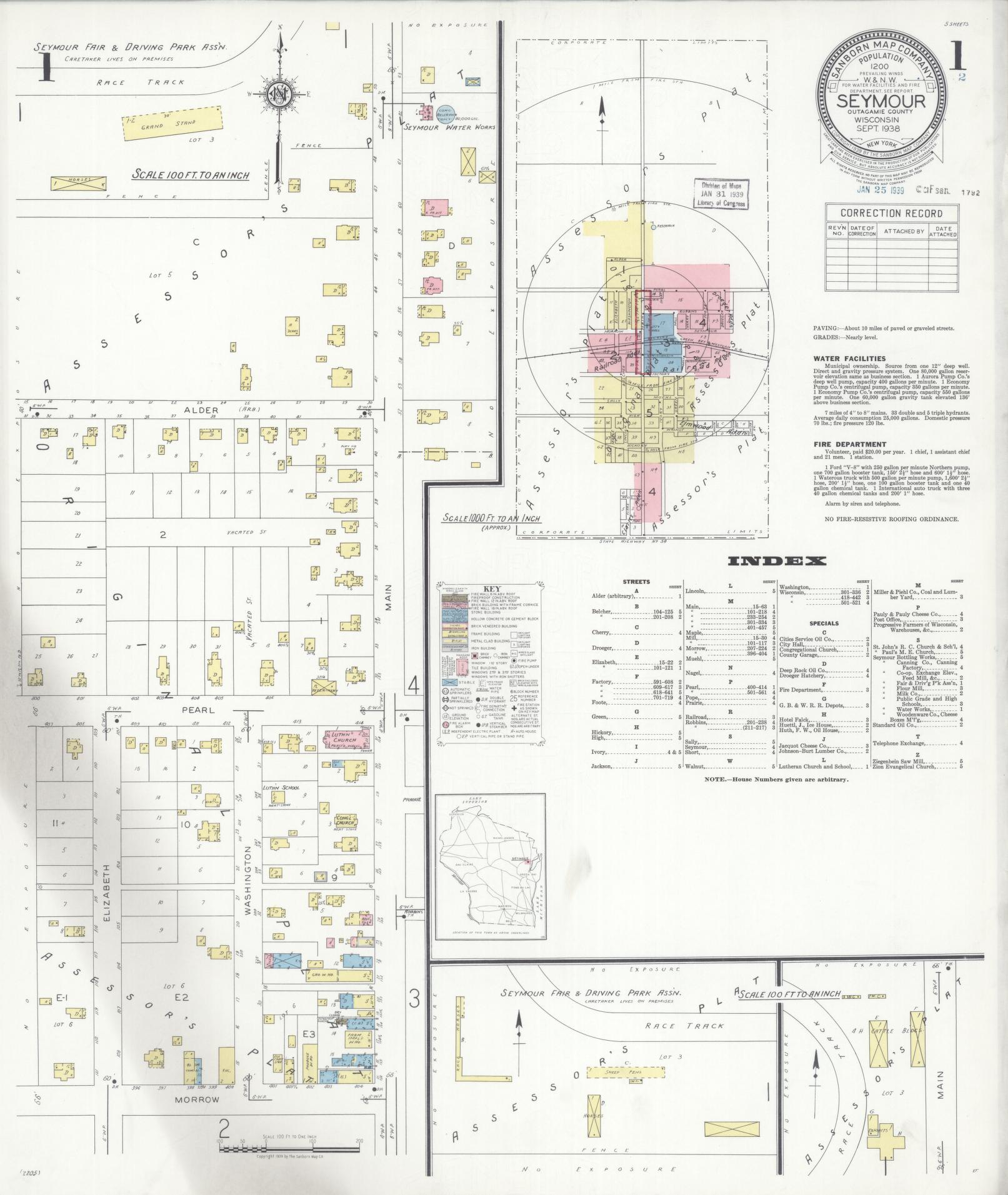 Sanborn Fire Insurance Map from Seymour, Outagamie County, Wisconsin (1938), Sheet #0001 - Complete Map Set gallery image, historic Sanborn map, vintage wall art, Wisconsin Wisconsin
