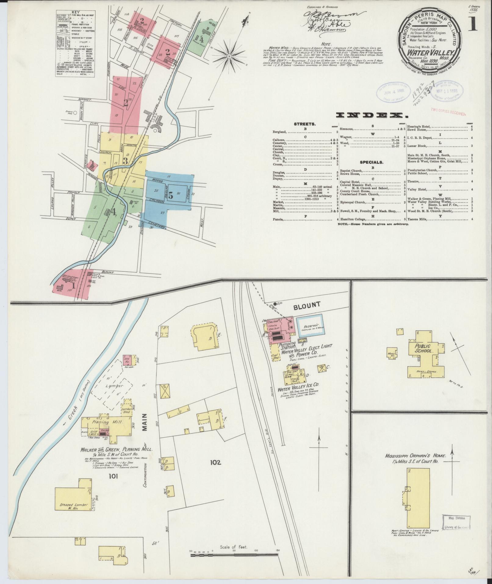 Sanborn Fire Insurance Map from Water Valley, Yalobusha County, Mississippi (1898), Sheet #0001 - Historic Sanborn Fire Insurance Map Print, vintage old map wall art, antique decor, genealogy gift, Mississippi Mississippi map