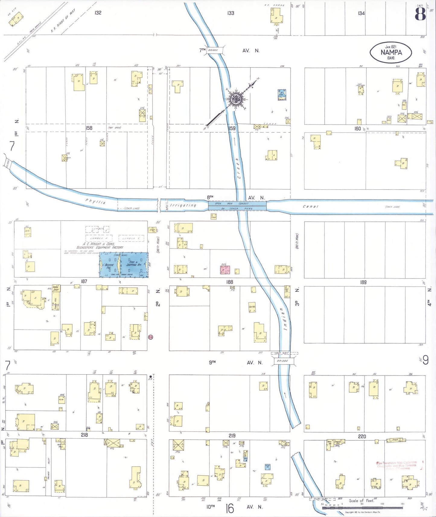 Sanborn Fire Insurance Map from Nampa, Canyon County, Idaho (1921), Sheet #0008 - Complete Map Set gallery image, historic Sanborn map, vintage wall art, Idaho Idaho