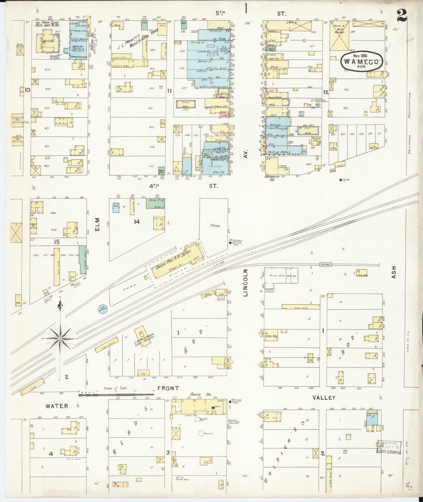 Sanborn Fire Insurance Map from Wamego, Pottawatomie County, Kansas (1896), Sheet #0002 - Complete Map Set gallery image, historic Sanborn map, vintage wall art, Kansas Kansas