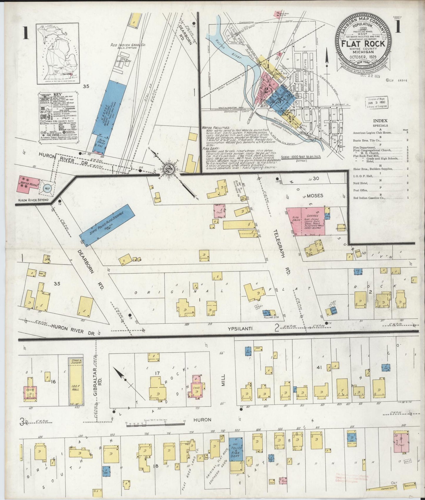 Sanborn Fire Insurance Map from Flat Rock, Wayne County, Michigan (1929), Sheet #0001 - Complete Map Set gallery image, historic Sanborn map, vintage wall art, Michigan Michigan