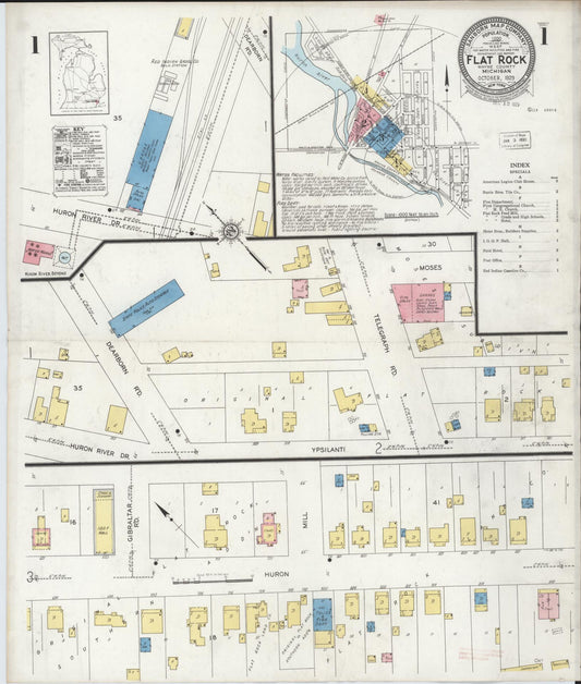 Sanborn Fire Insurance Map from Flat Rock, Wayne County, Michigan (1929), Sheet #0001 - Complete Map Set gallery image, historic Sanborn map, vintage wall art, Michigan Michigan