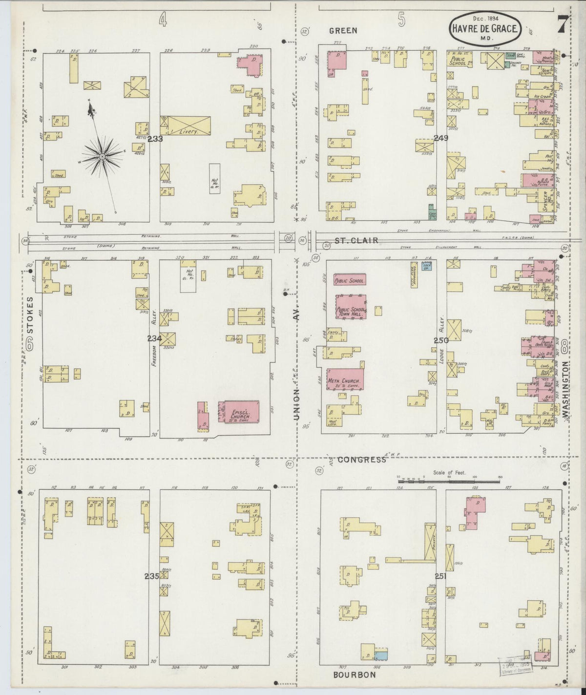 Sanborn Fire Insurance Map from Havre De Grace, Harford County, Maryland (1894), Sheet #0007 - Historic Sanborn Fire Insurance Map Print, vintage old map wall art, antique decor, genealogy gift, Maryland Maryland map