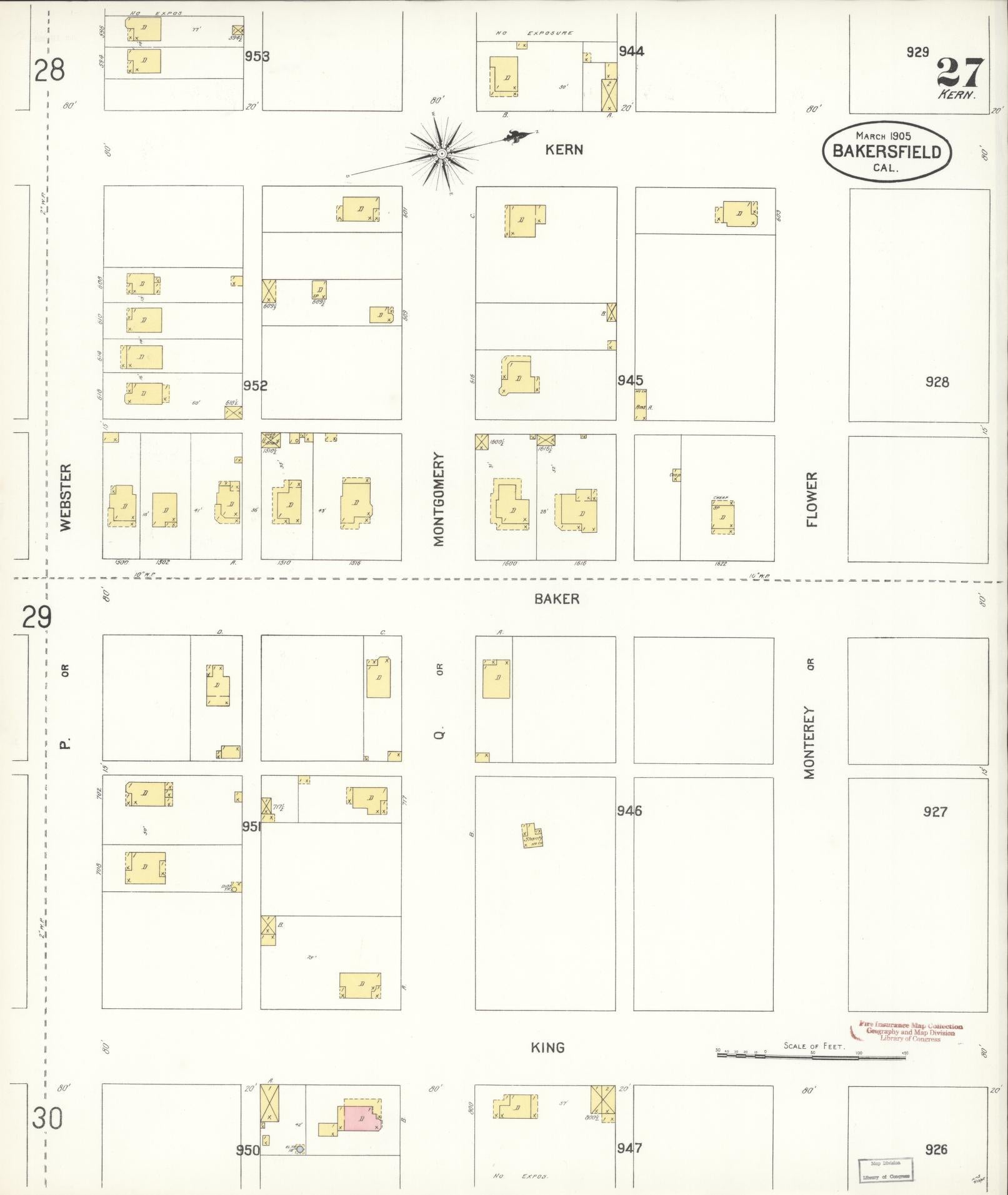 Sanborn Fire Insurance Map from Bakersfield, Kern County, California (1905), Sheet #0027 - Historic Sanborn Fire Insurance Map Print, vintage old map wall art, antique decor, genealogy gift, California California map