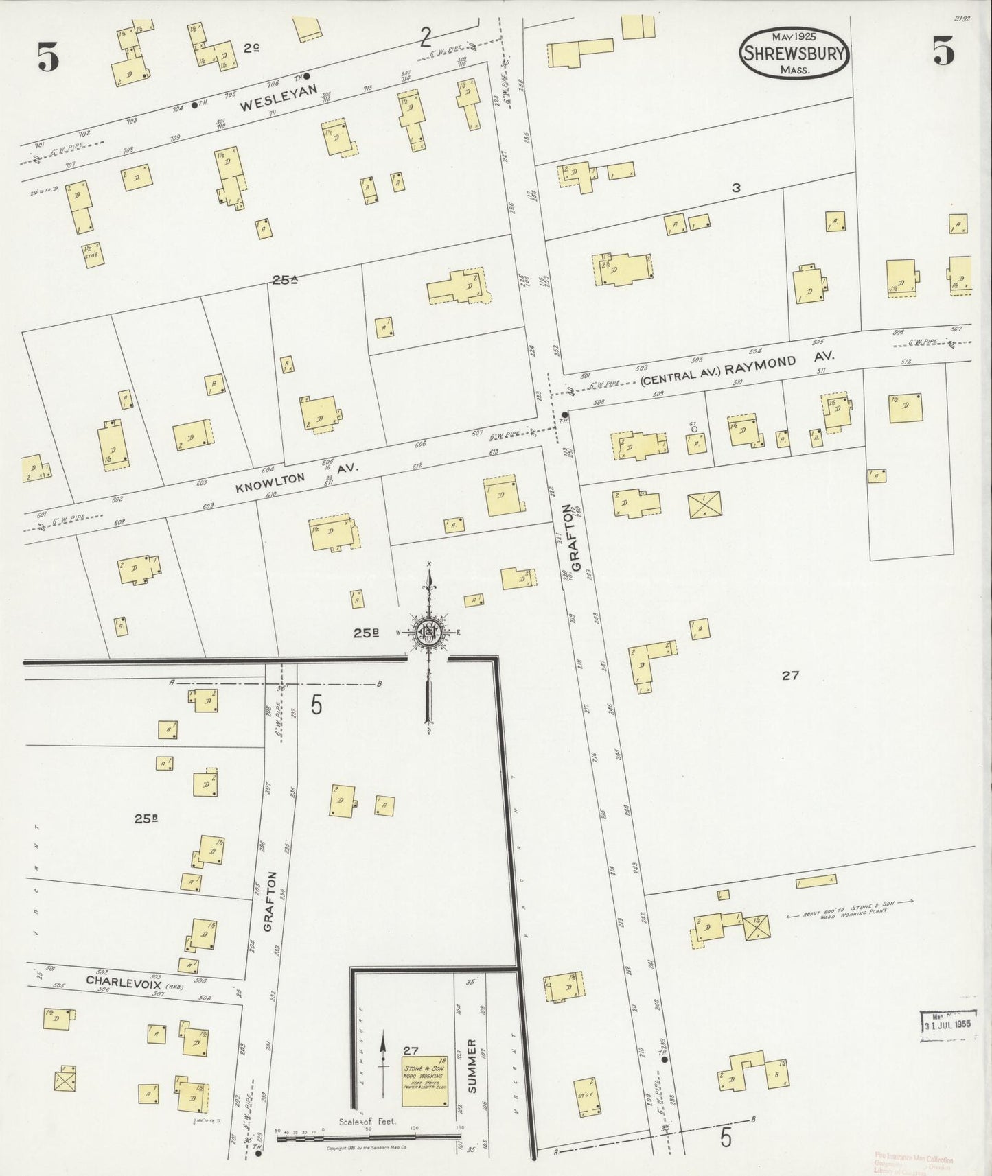 Sanborn Fire Insurance Map from Shrewsbury, Worcester County, Massachusetts (1925), Sheet #0005 - Historic Sanborn Fire Insurance Map Print, vintage old map wall art, antique decor, genealogy gift, Massachusetts Massachusetts map