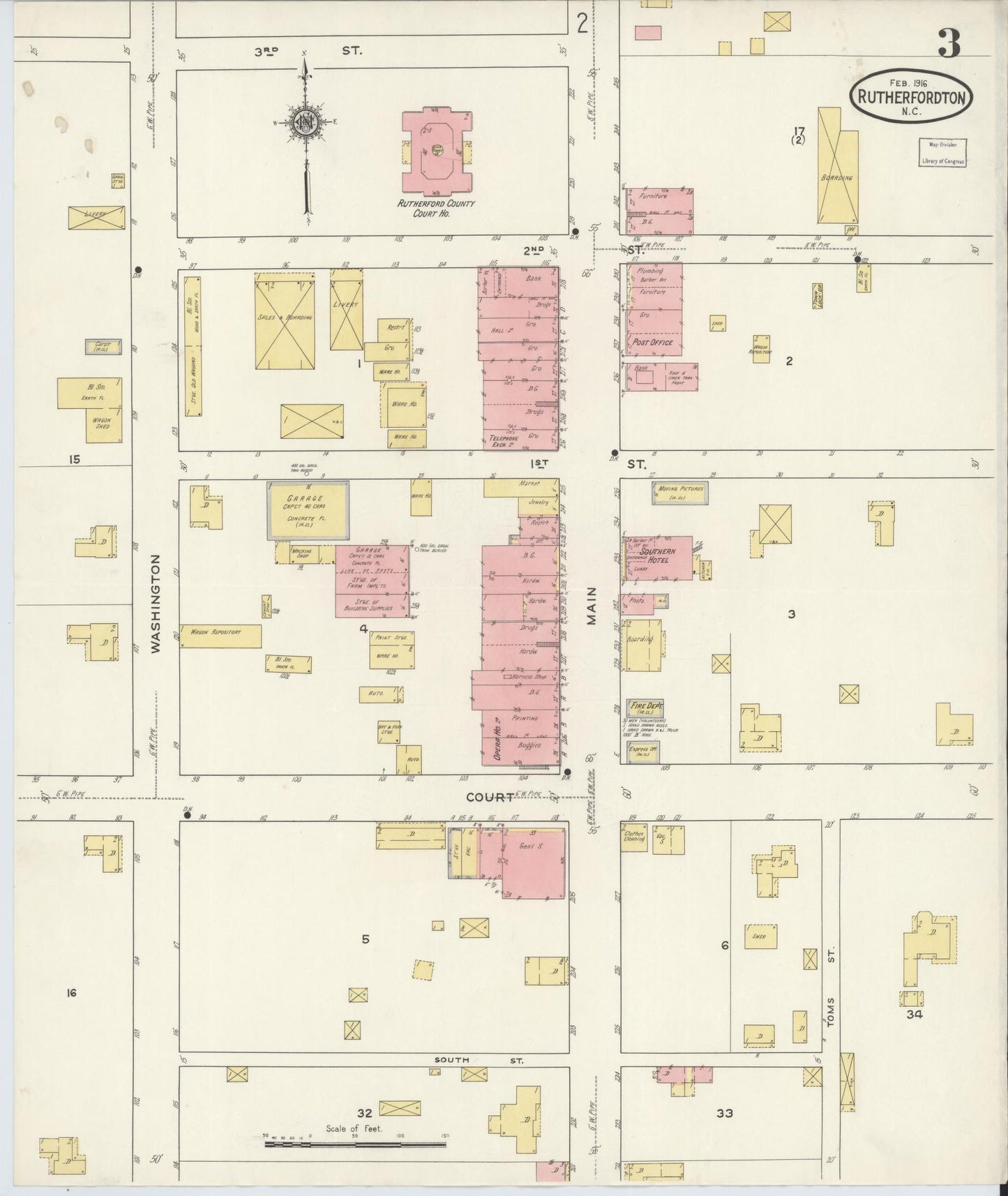 Sanborn Fire Insurance Map from Rutherfordton, Rutherford County, North Carolina (1916), Sheet #0003 - Historic Sanborn Fire Insurance Map Print, vintage old map wall art, antique decor, genealogy gift, North Carolina North Carolina map