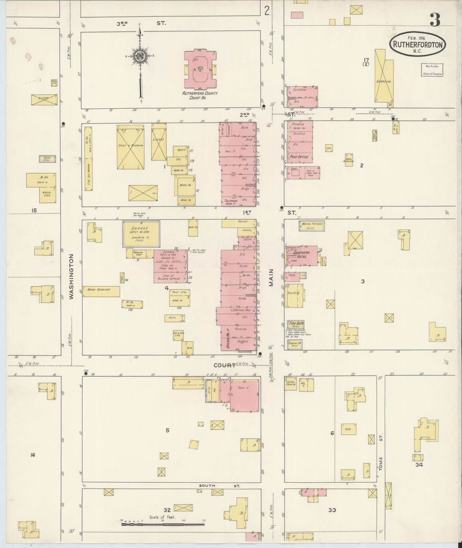 Sanborn Fire Insurance Map from Rutherfordton, Rutherford County, North Carolina (1916), Sheet #0003 - Historic Sanborn Fire Insurance Map Print, vintage old map wall art, antique decor, genealogy gift, North Carolina North Carolina map