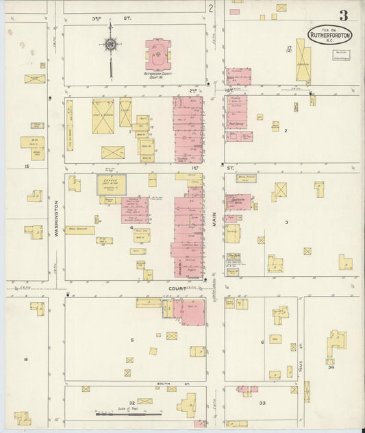 Sanborn Fire Insurance Map from Rutherfordton, Rutherford County, North Carolina (1916), Sheet #0003 - Historic Sanborn Fire Insurance Map Print, vintage old map wall art, antique decor, genealogy gift, North Carolina North Carolina map