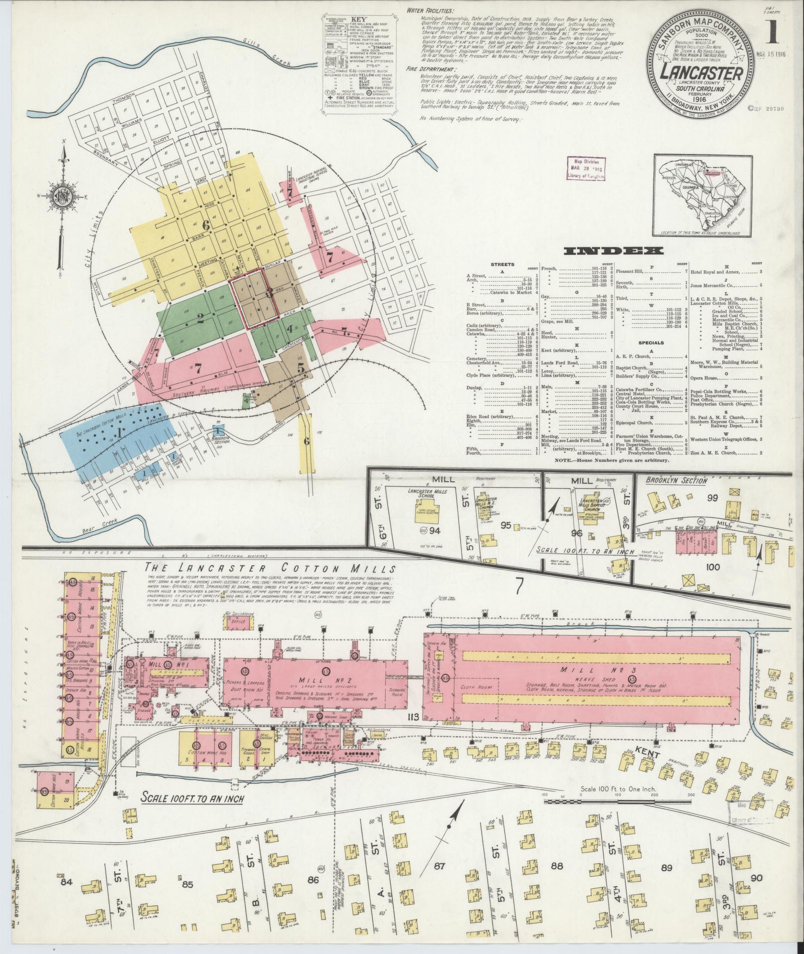 Sanborn Fire Insurance Map from Lancaster, Lancaster County, South Carolina (1916), Sheet #0001 - Complete Map Set gallery image, historic Sanborn map, vintage wall art, South Carolina South Carolina