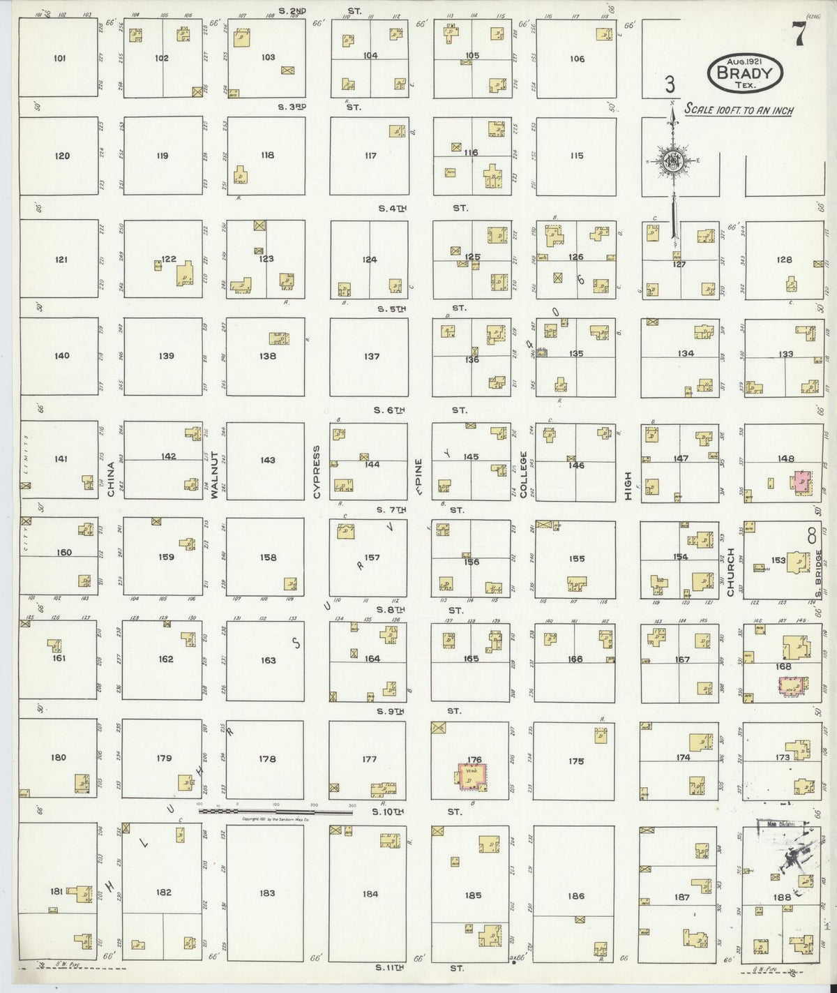 Sanborn Fire Insurance Map from Brady, McCulloch County, Texas (1921), Sheet #0007 - Complete Map Set gallery image, historic Sanborn map, vintage wall art, Texas Texas