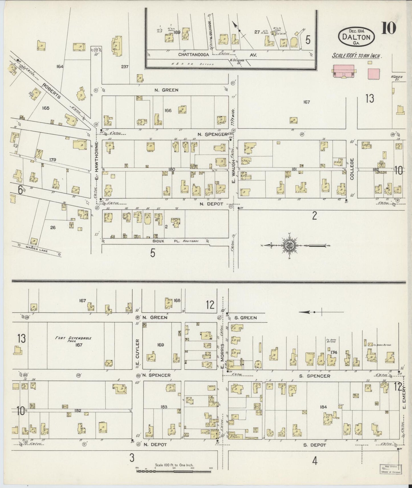 Sanborn Fire Insurance Map from Dalton, Whitfield County, Georgia (1914), Sheet #0010 - Historic Sanborn Fire Insurance Map Print, vintage old map wall art, antique decor, genealogy gift, Georgia Georgia map