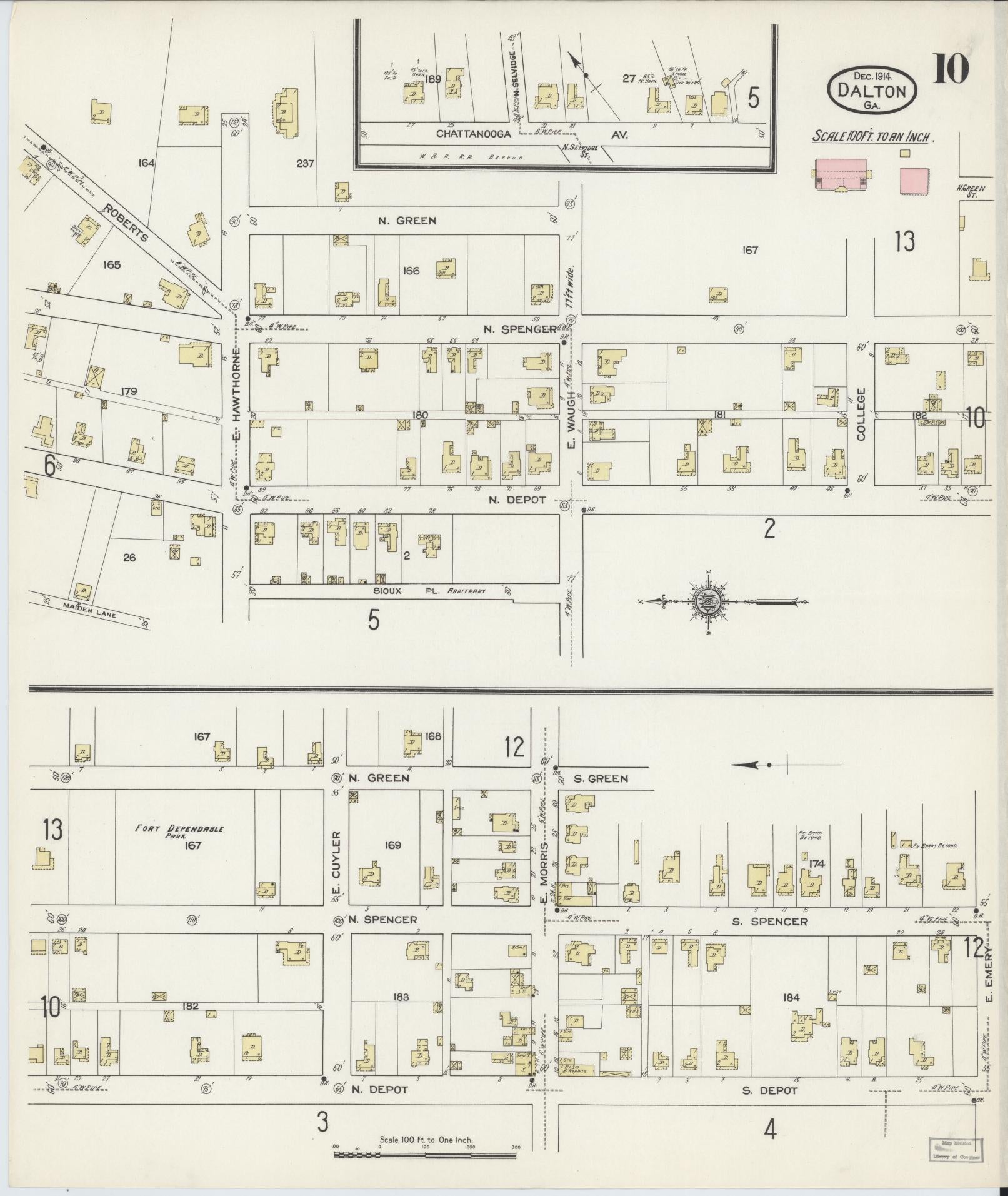 Sanborn Fire Insurance Map from Dalton, Whitfield County, Georgia (1914), Sheet #0010 - Historic Sanborn Fire Insurance Map Print, vintage old map wall art, antique decor, genealogy gift, Georgia Georgia map