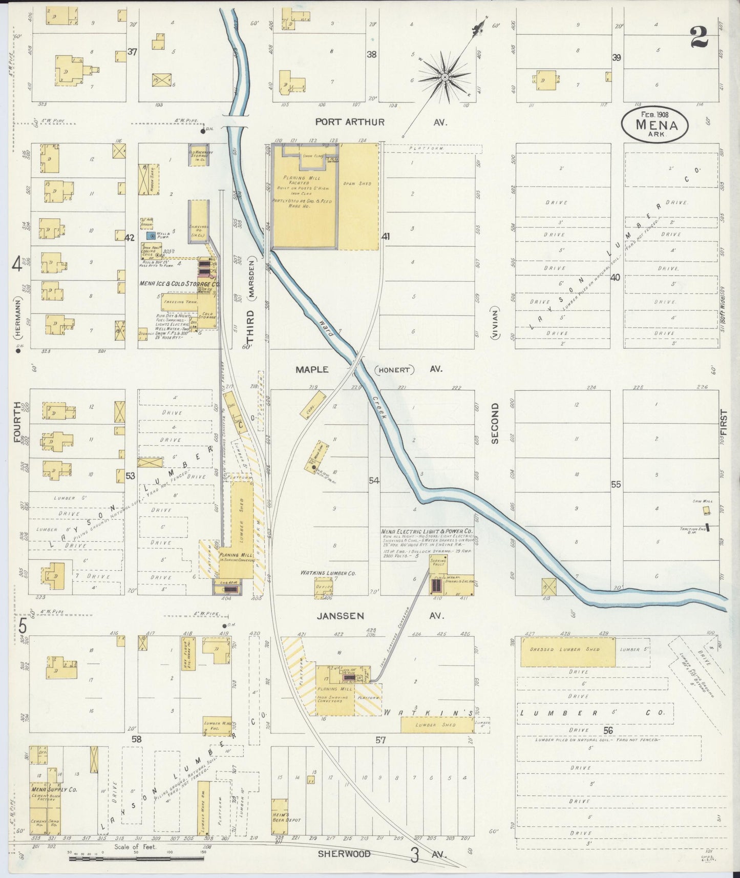 Sanborn Fire Insurance Map from Mena, Polk County, Arkansas (1908), Sheet #0002 - Complete Map Set gallery image, historic Sanborn map, vintage wall art, Arkansas Arkansas